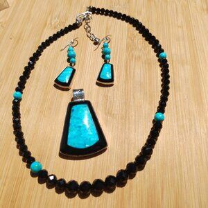 Jay King DTR black chalcedony turquoise inlay pendant necklace earrings 925 Ster